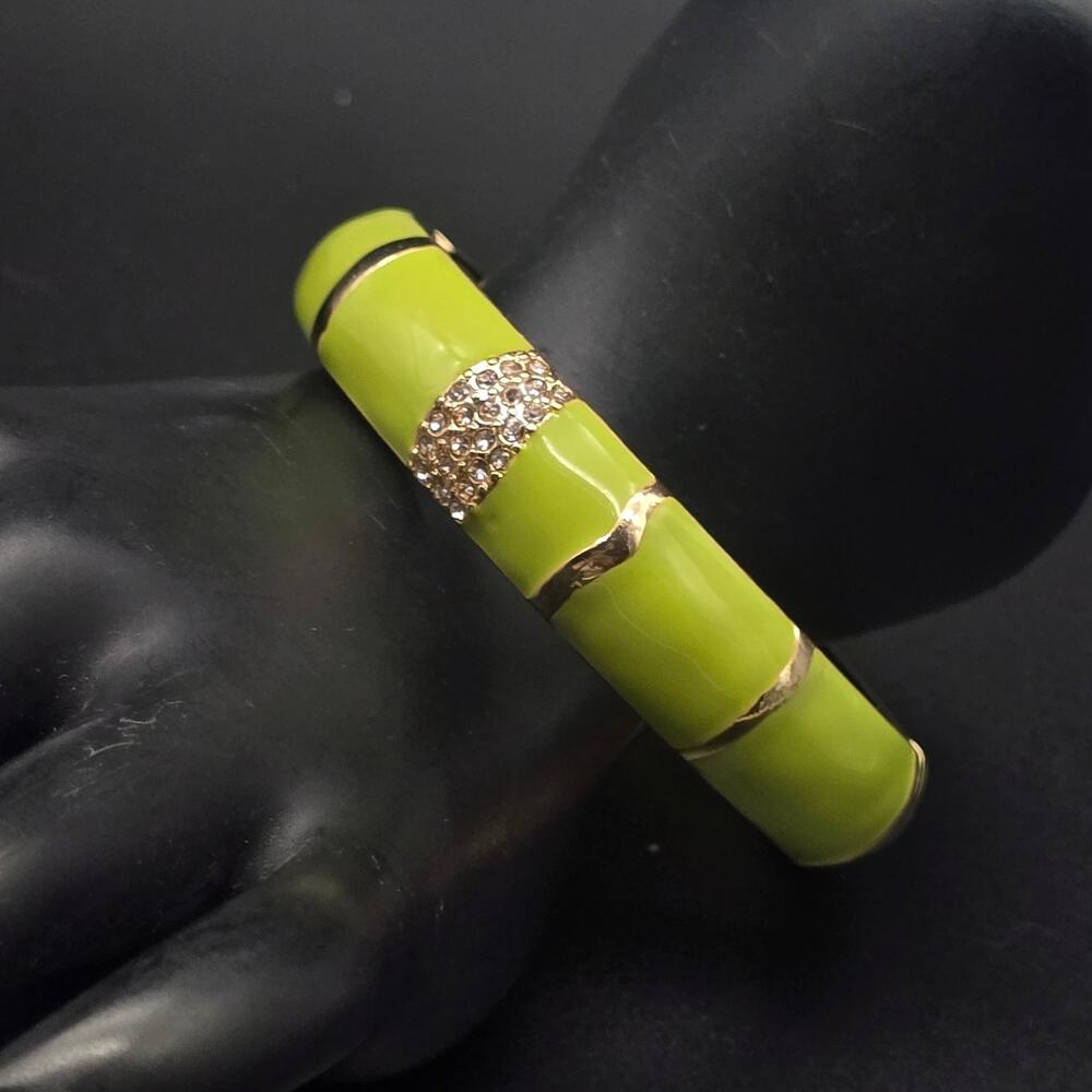 Lime Green Enamel Rhinestone Clamper Bracelet Bangle Gold Tone